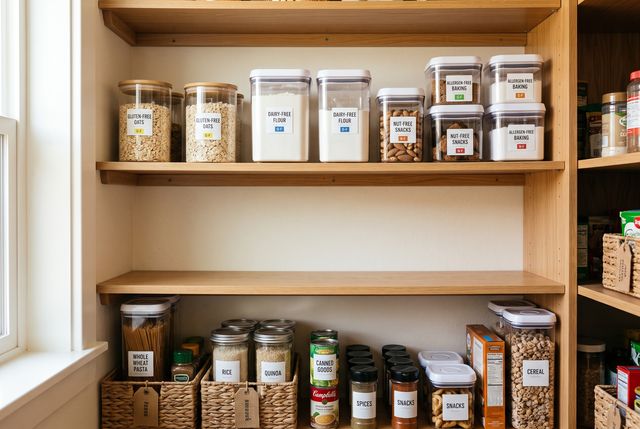 Allergen-free foods stored on an upper shelf, separated from other food