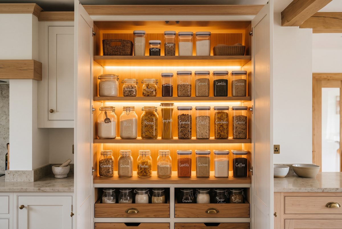 An organized pantry with warm LED lighting beneath each shelf, illuminating labelled storage containers