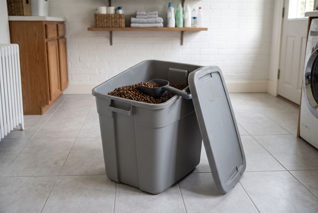 An airtight pet food bin with a scoop resting on the lid