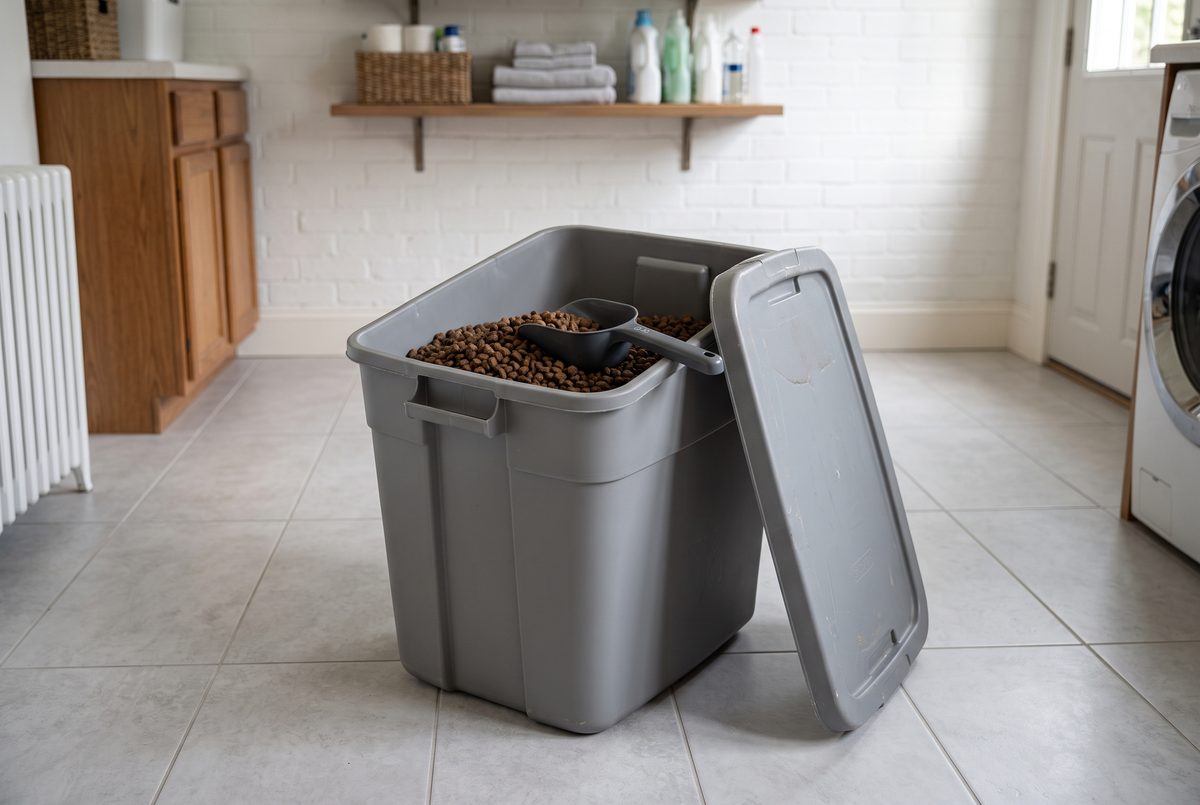 A pet-food bag placed inside a rigid storage bin