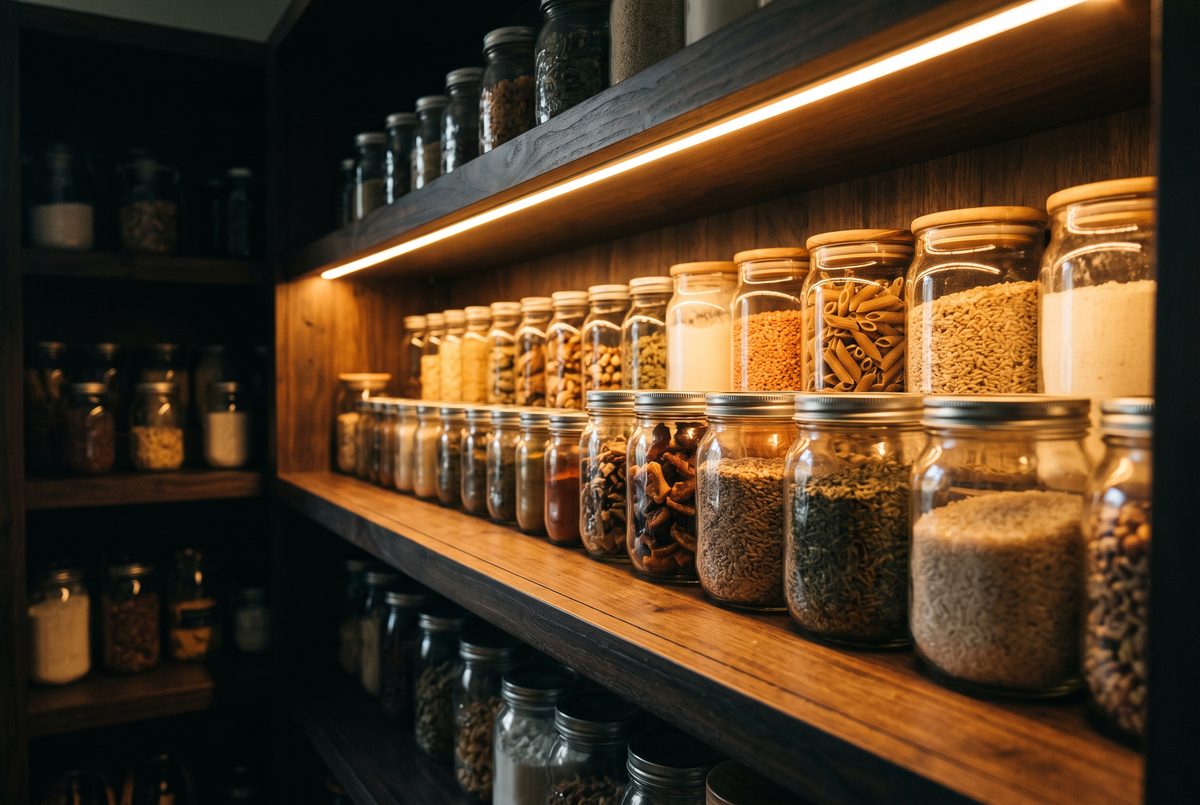 Under-shelf lighting on a deep pantry shelf, reaching the back row rather than only the front edge.